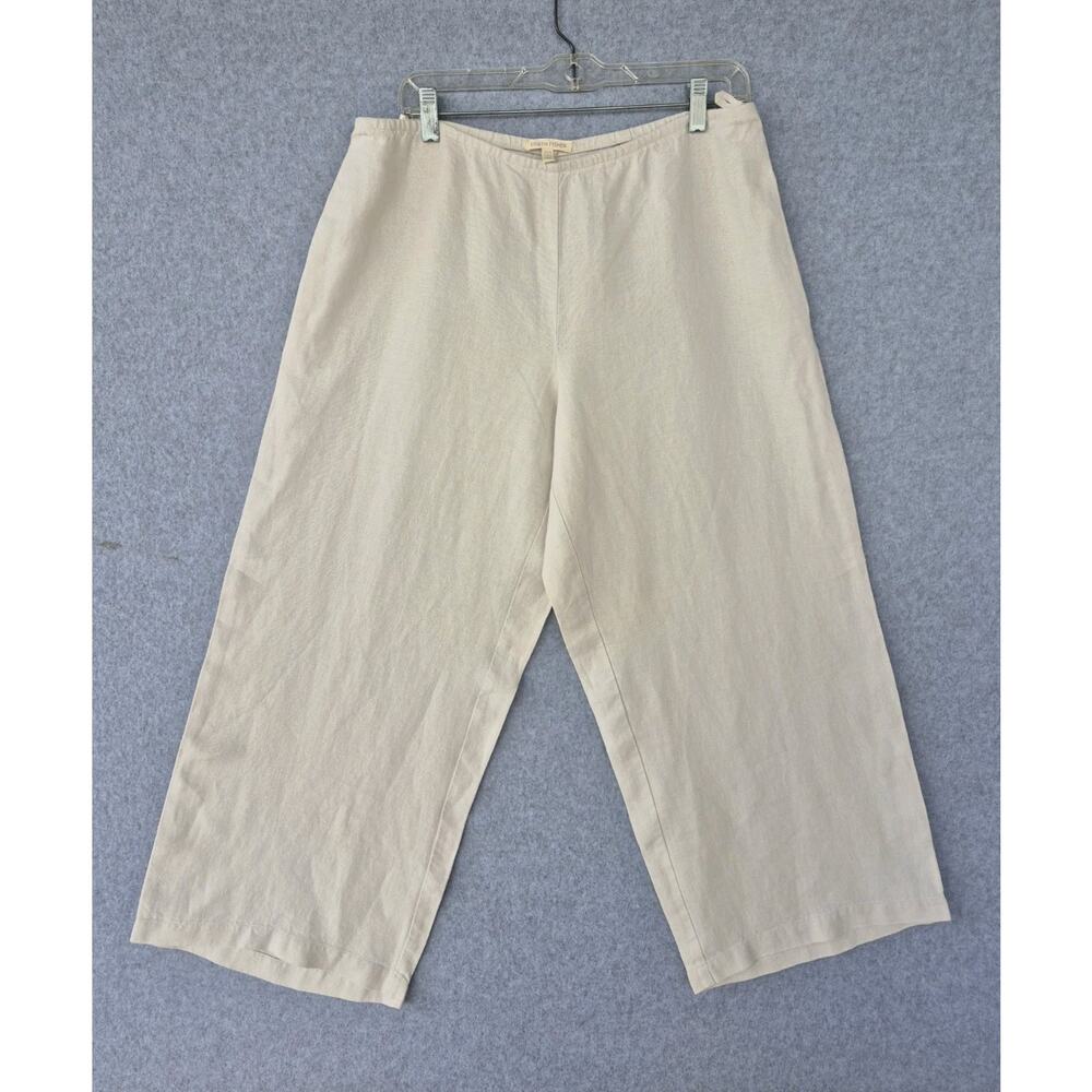 Eileen Fisher Beige 100% Linen Side Zip Wide Leg Crop Pants Womens Large
